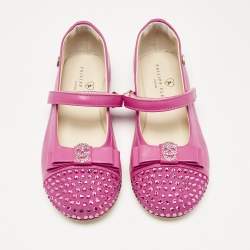 Philipp Plein Pink Leather and Suede Crystal Embellished Bow Ballet Flats Size 30
