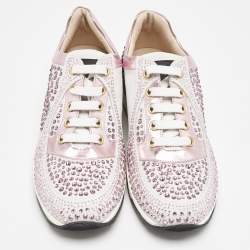 Philipp Plein Metallic Pink/White Leather and Suede Crystal Embellished Klarissa Sneakers Size 34