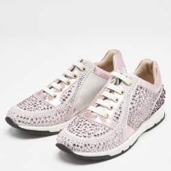 Philipp Plein Metallic Pink/White Leather and Suede Crystal Embellished Klarissa Sneakers Size 34