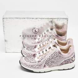 Philipp Plein Metallic Pink/White Leather and Suede Crystal Embellished Klarissa Sneakers Size 34