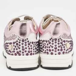 Philipp Plein Metallic Pink/White Leather and Suede Crystal Embellished Klarissa Sneakers Size 34