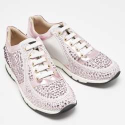 Philipp Plein Metallic Pink/White Leather and Suede Crystal Embellished Klarissa Sneakers Size 34
