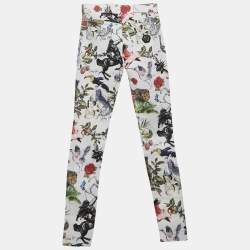 Pre Owned Philipp Plein Junior White Jungle Print Denim Studded Jeans 10 Yrs Waist 23"