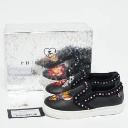 Philipp Plein Black Leather Embellished Lea Sneakers Size 27