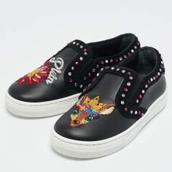 Philipp Plein Black Leather Embellished Lea Sneakers Size 27
