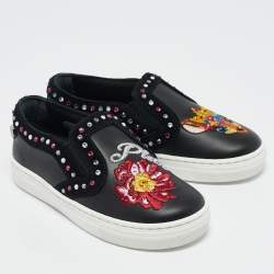 Philipp Plein Black Leather Embellished Lea Sneakers Size 27