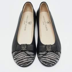 Pre Owned Philipp Plein Black Leather Crystal Embellished Aggressive Ballet Flats Size 32