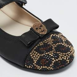Philipp Plein Black Leather Crystal Embellished Bow Ballet Flats Size 29