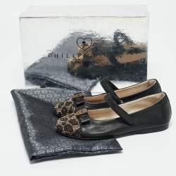 Philipp Plein Black Leather Crystal Embellished Bow Ballet Flats Size 29