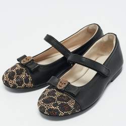 Philipp Plein Black Leather Crystal Embellished Bow Ballet Flats Size 29