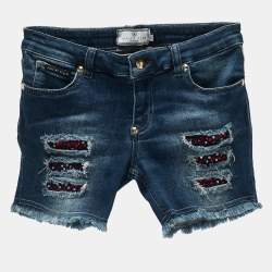 Philipp Plein Kids Middle Blue Studded Denim Distressed Shorts 10 Yrs