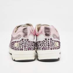 Philipp Plein Metallic Pink/White Leather and Suede Crystal Embellished Klarissa Sneakers Size 28