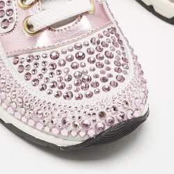 Philipp Plein Metallic Pink/White Leather and Suede Crystal Embellished Klarissa Sneakers Size 28