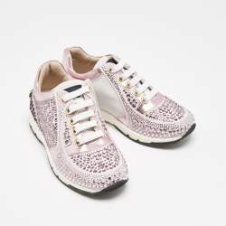 Philipp Plein Metallic Pink/White Leather and Suede Crystal Embellished Klarissa Sneakers Size 28