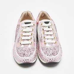 Philipp Plein Metallic Pink/White Leather and Suede Crystal Embellished Klarissa Sneakers Size 28