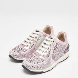 Philipp Plein Metallic Pink/White Leather and Suede Crystal Embellished Klarissa Sneakers Size 28