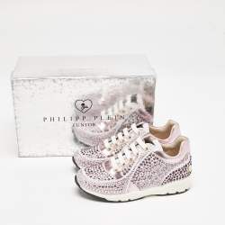 Philipp Plein Metallic Pink/White Leather and Suede Crystal Embellished Klarissa Sneakers Size 28