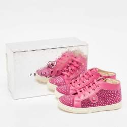 Philipp Plein Pink Suede Crystal Embellished High Top Sneakers Size 28