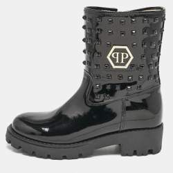 Philipp Plein Black Patent Leather Hide Away Ankle Boots Size 34