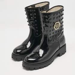 Philipp Plein Black Patent Leather Hide Away Ankle Boots Size 34