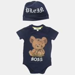 Philipp Plein Junior Navy Blue Teddy Print Cotton Romper Set 3-6M