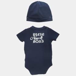 Philipp Plein Junior Navy Blue Teddy Print Cotton Romper Set 3-6M