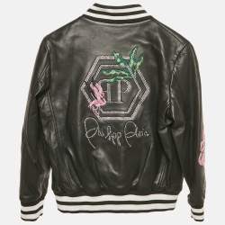 Pre Owned Philipp Plein Kids Black Flamingo Rhinestone Leather Jacket 8 Yrs 