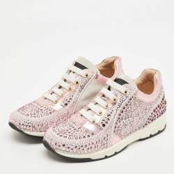 Pre Owned Philipp Plein Metallic Pink/White Leather and Suede Crystal Embellished Klarissa Sneakers Size 30