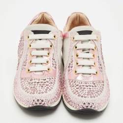 Pre Owned Philipp Plein Metallic Pink/White Leather and Suede Crystal Embellished Klarissa Sneakers Size 30