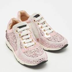 Pre Owned Philipp Plein Metallic Pink/White Leather and Suede Crystal Embellished Klarissa Sneakers Size 30