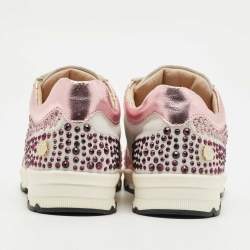 Pre Owned Philipp Plein Metallic Pink/White Leather and Suede Crystal Embellished Klarissa Sneakers Size 30