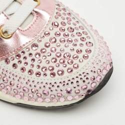 Pre Owned Philipp Plein Metallic Pink/White Leather and Suede Crystal Embellished Klarissa Sneakers Size 30
