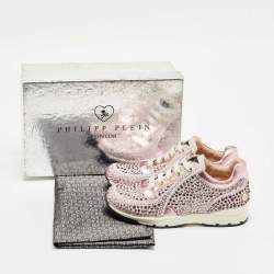 Pre Owned Philipp Plein Metallic Pink/White Leather and Suede Crystal Embellished Klarissa Sneakers Size 30