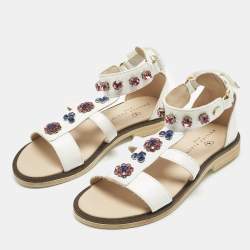 Pre Owned Philipp Plein White Leather Crystal Embellished Flat Sandals Size 30