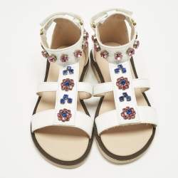 Pre Owned Philipp Plein White Leather Crystal Embellished Flat Sandals Size 30