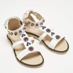 Pre Owned Philipp Plein White Leather Crystal Embellished Flat Sandals Size 30