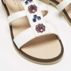 Pre Owned Philipp Plein White Leather Crystal Embellished Flat Sandals Size 30