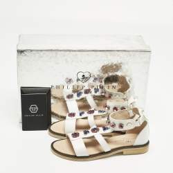 Pre Owned Philipp Plein White Leather Crystal Embellished Flat Sandals Size 30