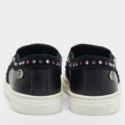 Pre Owned Philipp Plein Black Leather Embellished Lea Sneakers Size 28