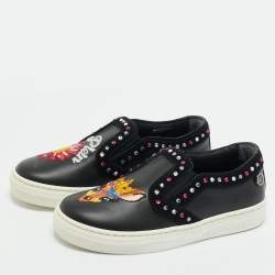Pre Owned Philipp Plein Black Leather Embellished Lea Sneakers Size 28