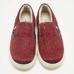 Pre Owned Philipp Plein Burgundy Satin Crystal Embellished Slip On Sneakers Size 28