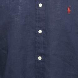 Pre Owned قميص بولو من رالف لورين قطن مخطط وردي بقصة ضيقة وأزرار أمامية مقاس متوسط (ميديوم)