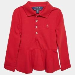 Pre Owned Polo Ralph Lauren Kids Red Cotton Knit Polo Collar Peplum Top 2 T