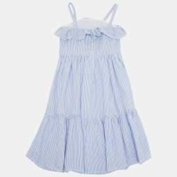 Pre Owned Polo Ralph Lauren Kids Blue Striped Cotton Ruffled Dress 6Yrs