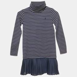 Pre Owned Polo Ralph Lauren Kids Navy Blue Stripe Cotton Knit Pleated Dress 6 Yrs