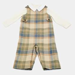 Pre Owned Ralph Lauren Kids Beige/White Plaid Cotton Romper Set 9M