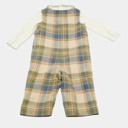 Pre Owned Ralph Lauren Kids Beige/White Plaid Cotton Romper Set 9M