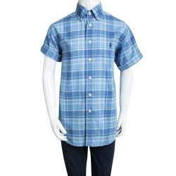 Ralph Lauren Blue Checked Cotton Short Sleeve Buttondown Shirt 8 Yrs