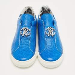 Pre Owned Roberto Cavalli Blue Lizard Embossed Leather Slip On Sneakers Size 35