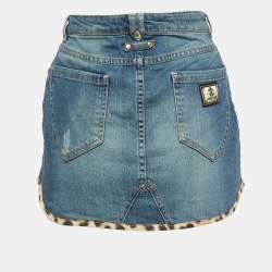 مملوكة مسبقًا Roberto Cavalli Blue Denim Leopard Trim Mini Skirt 14-16 Yrs